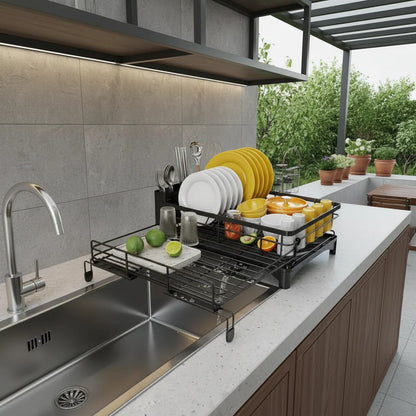 Dish Drying Rack Integrated Drip Tray Space-Saving Countertop Design
