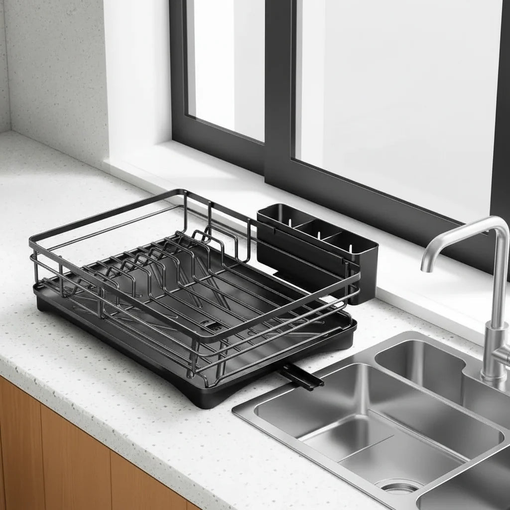 Dish Drying Rack Integrated Drip Tray Space-Saving Countertop Design