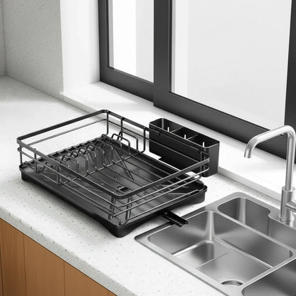 Dish Drying Rack Integrated Drip Tray Space-Saving Countertop Design