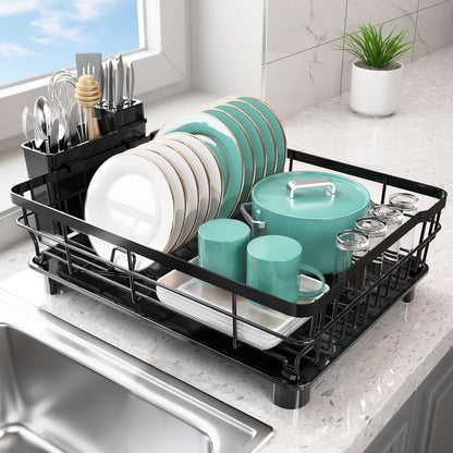 Dish Drying Rack Reinforced Metal Integrated Cutlery Holder Drain-Friendly Design