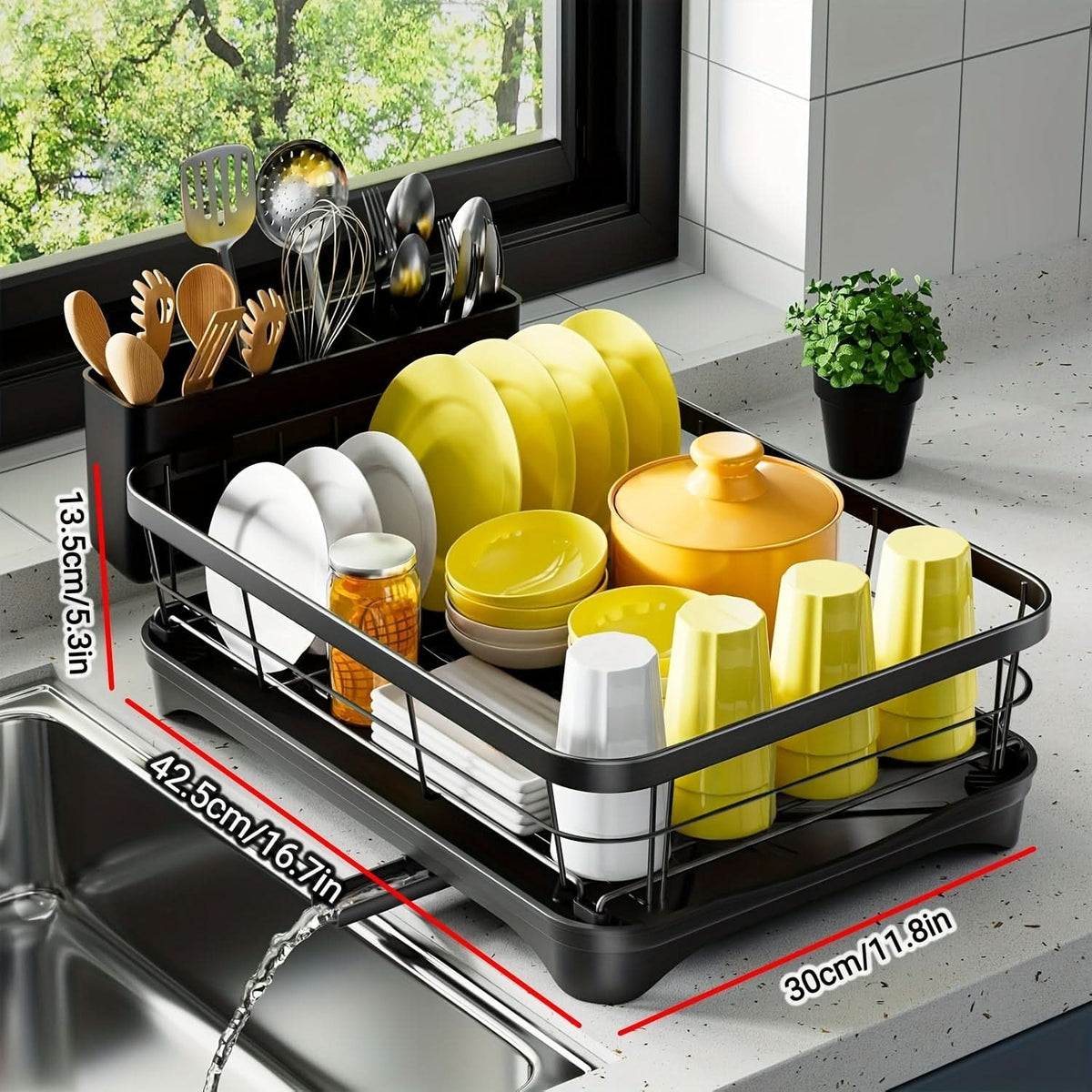 Dish Drying Rack Reinforced Metal Integrated Cutlery Holder Drain-Friendly Design