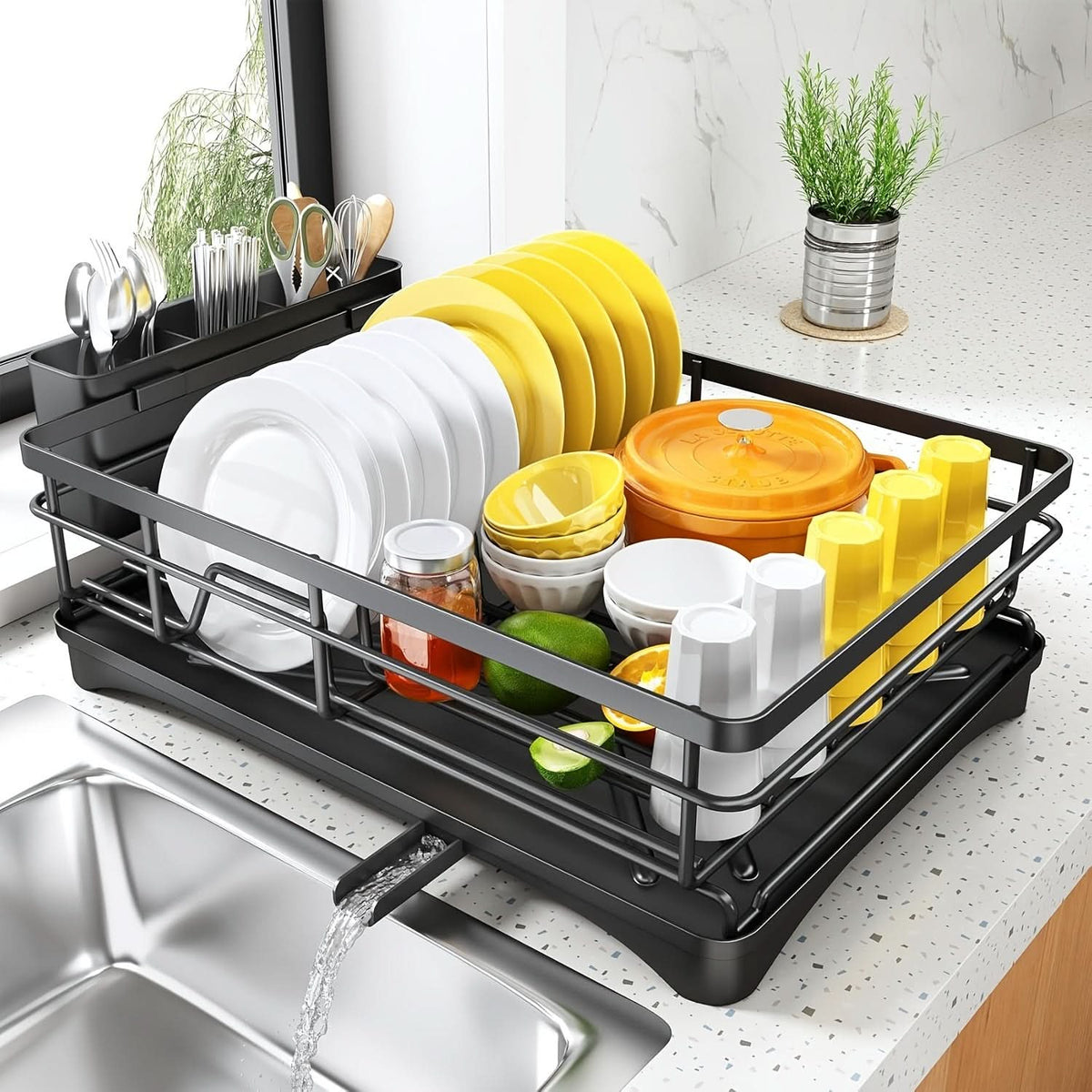 Dish Drying Rack Reinforced Metal Integrated Cutlery Holder Drain-Friendly Design