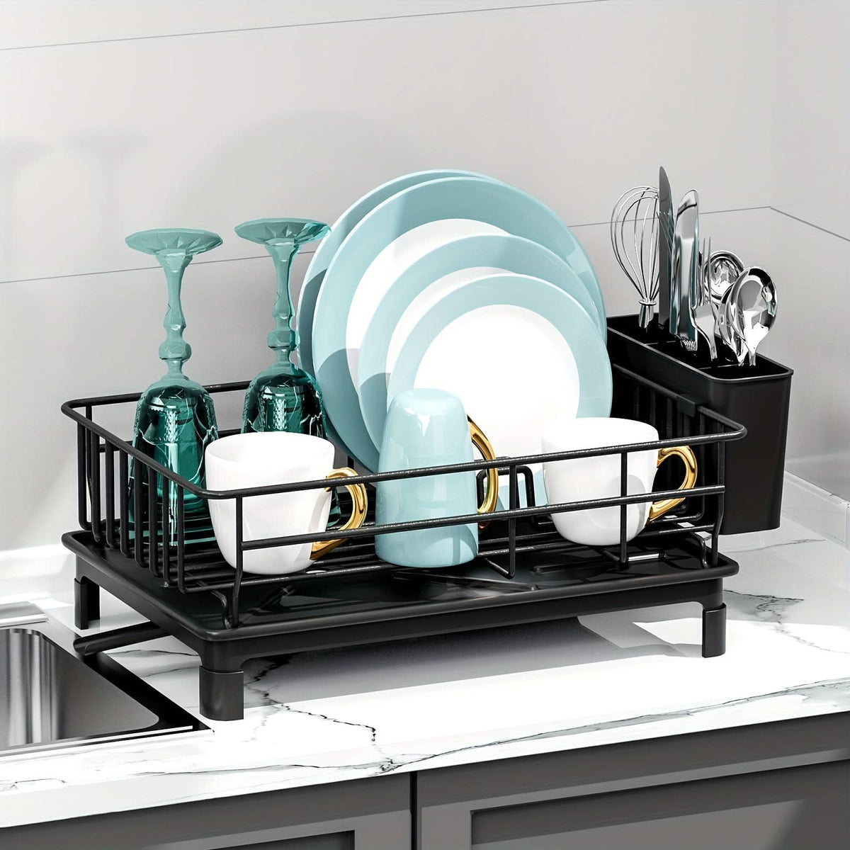 Dish Drying Rack Rust-Resistant Drip Tray & Cutlery Holder