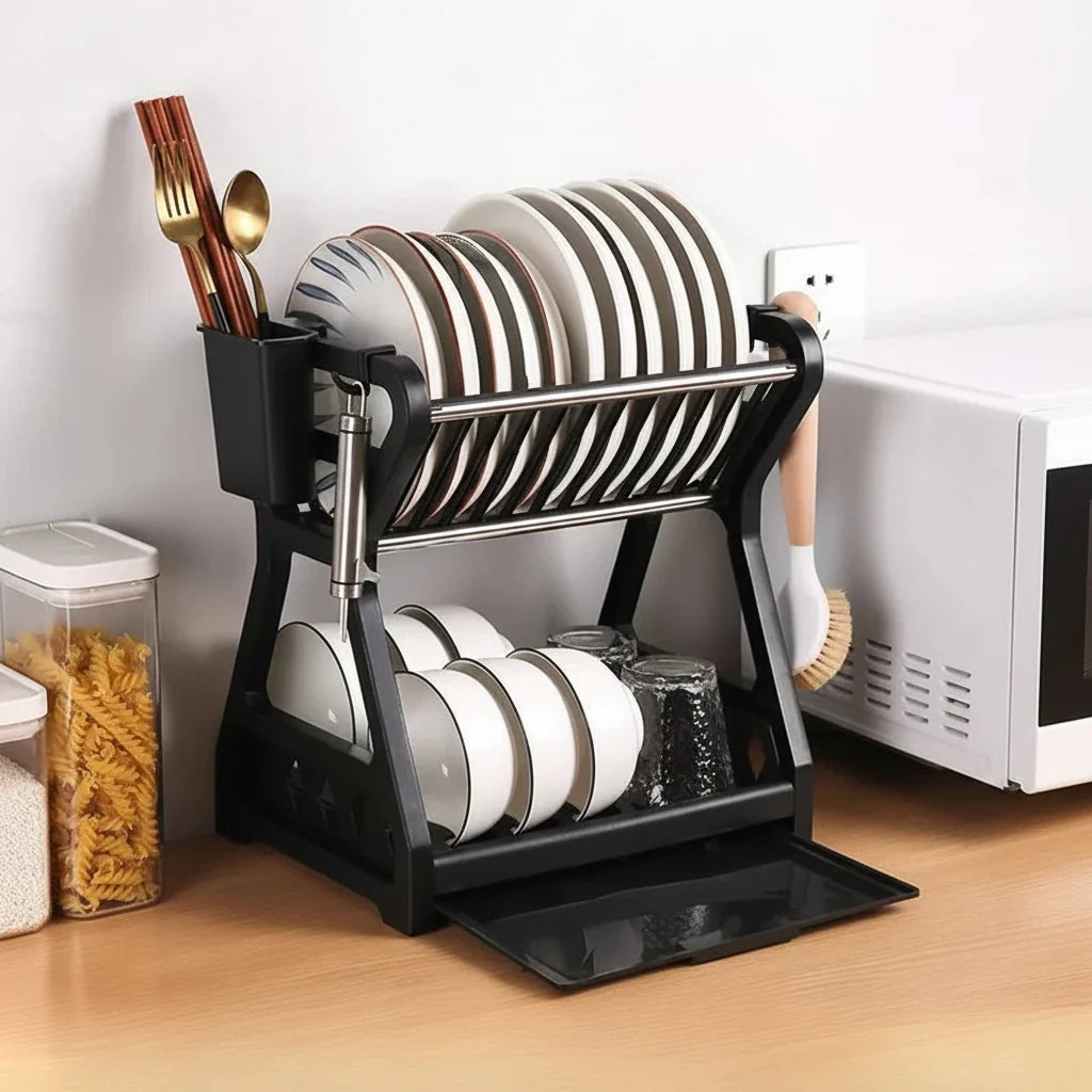 Dish Drying Rack Two-Tier With Drip Tray & Cutlery Holder