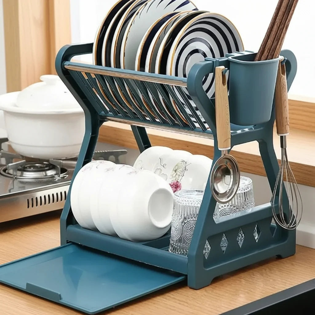 Dish Drying Rack Two-Tier With Drip Tray & Cutlery Holder