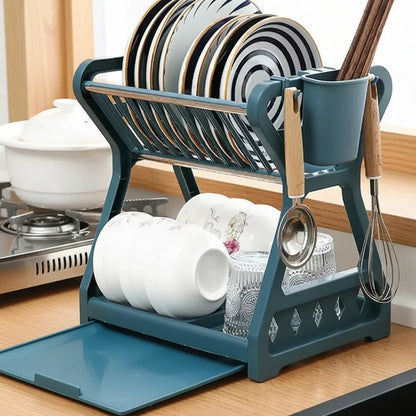 Dish Drying Rack Two-Tier With Drip Tray & Cutlery Holder