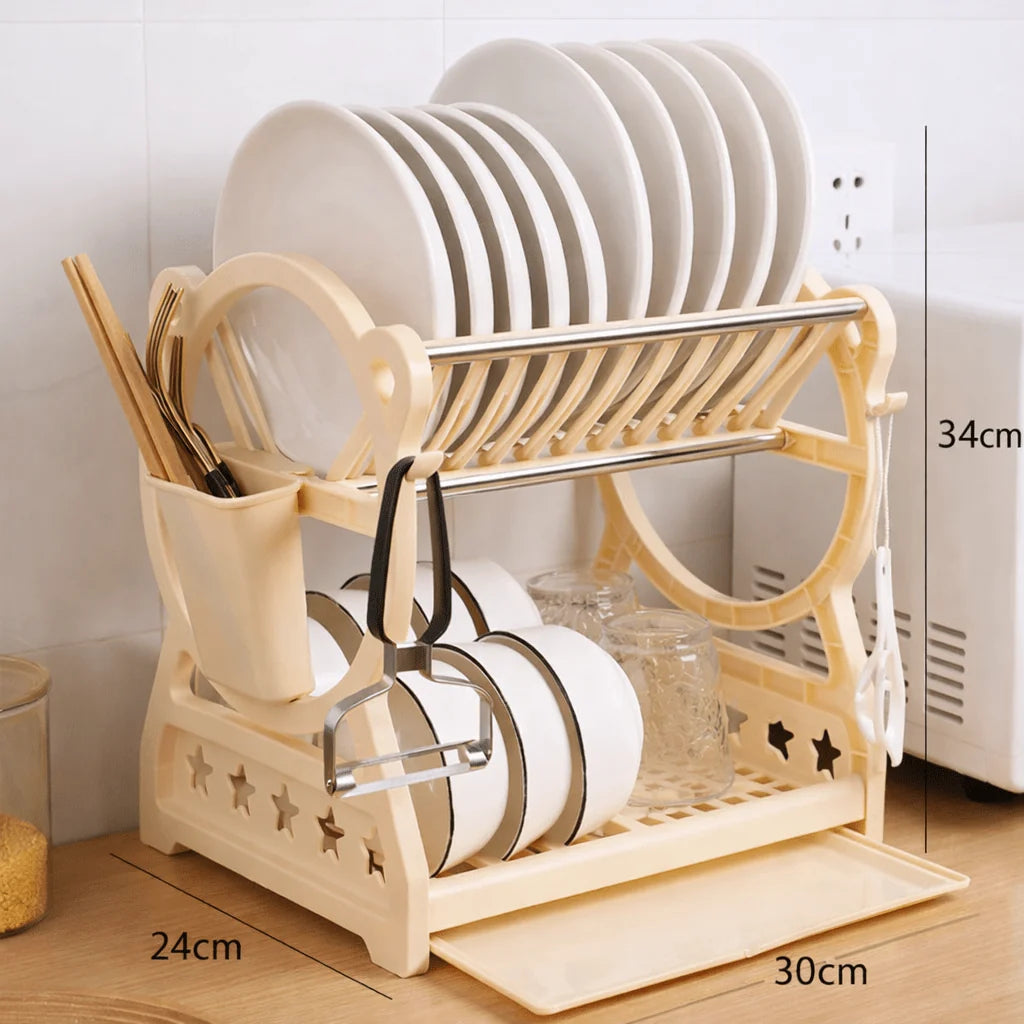 Dish Drying Rack Two-Tier With Drip Tray & Cutlery Holder