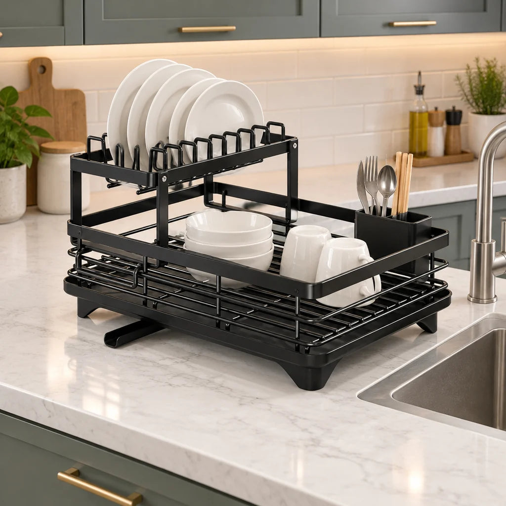 Dish Rack Foldable Stainless Steel Quick-Drain Rods & Non-Slip Feet