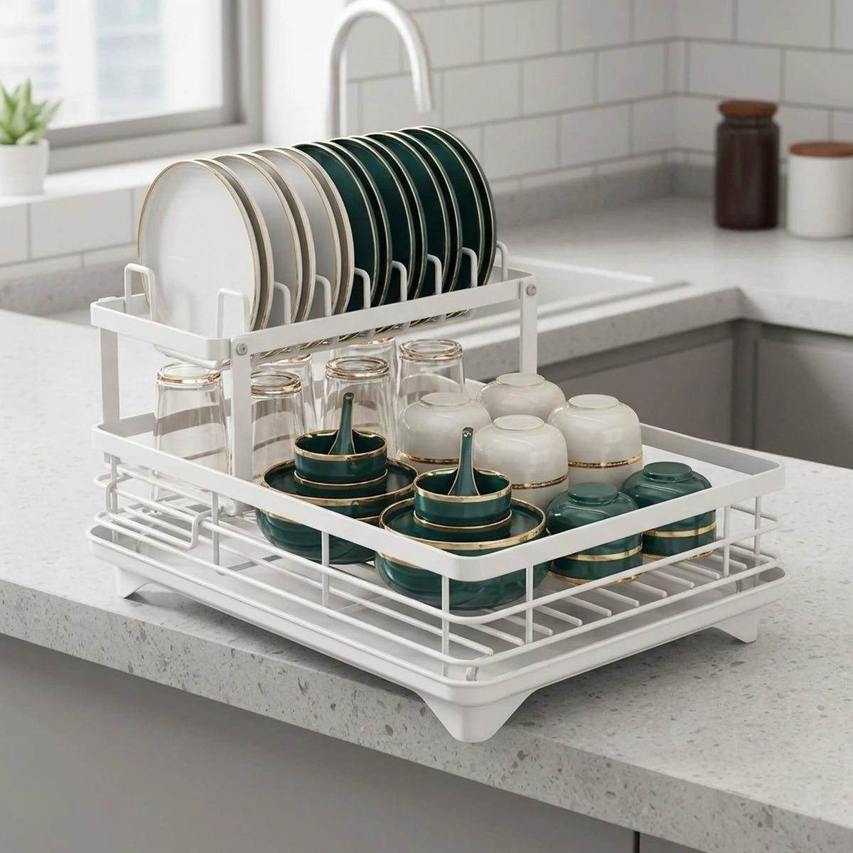 Dish Rack Foldable Stainless Steel Quick-Drain Rods & Non-Slip Feet