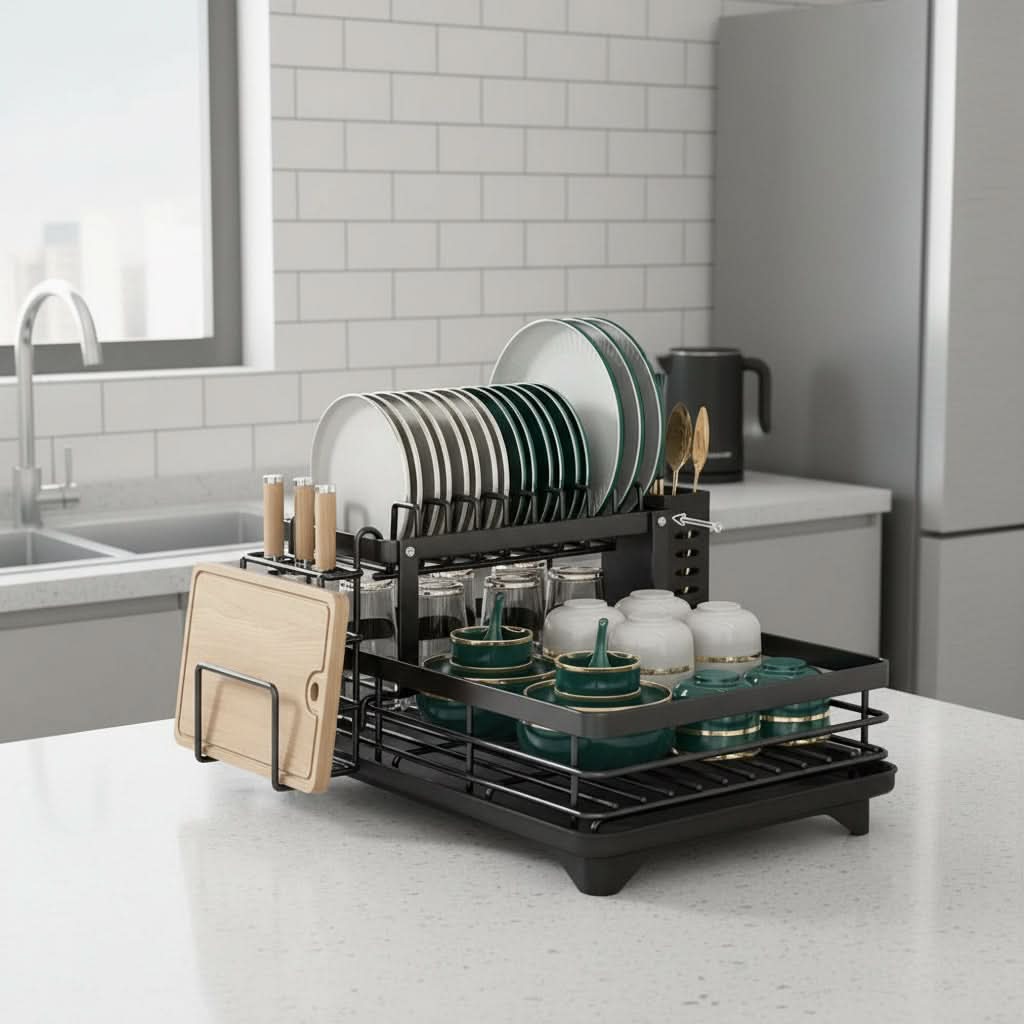 Dish Rack Foldable Stainless Steel Quick-Drain Rods & Non-Slip Feet