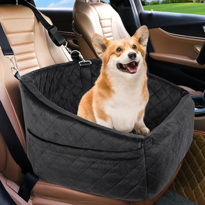 Dog Car Seat Elevated Booster With Safety Belt & Storage Pockets