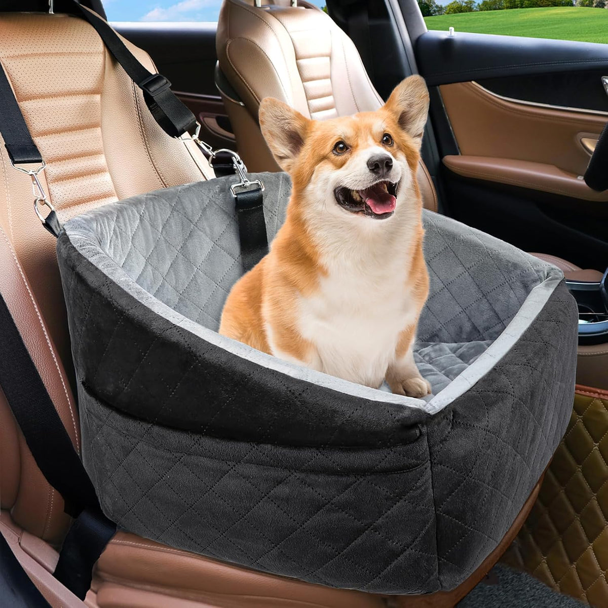 Dog Car Seat Elevated Booster With Safety Belt & Storage Pockets