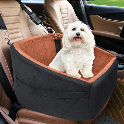 Dog Car Seat Elevated Booster With Safety Belt & Storage Pockets