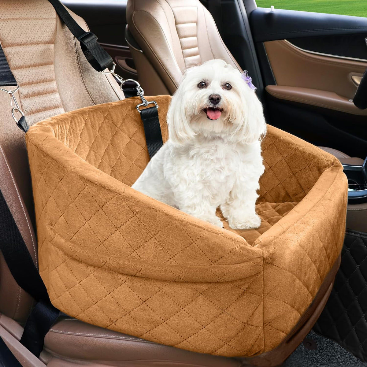 Dog Car Seat Elevated Booster With Safety Belt & Storage Pockets