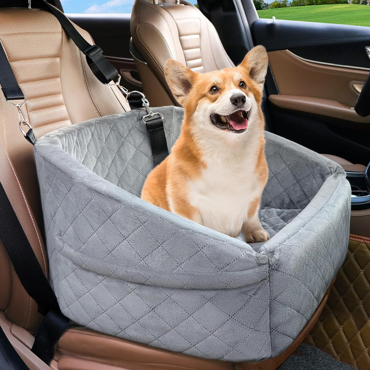 Dog Car Seat Elevated Booster With Safety Belt & Storage Pockets