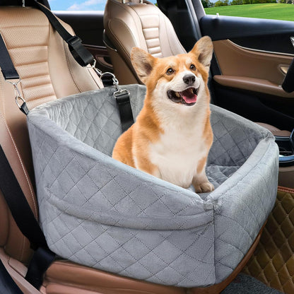 Dog Car Seat Elevated Booster With Safety Belt & Storage Pockets
