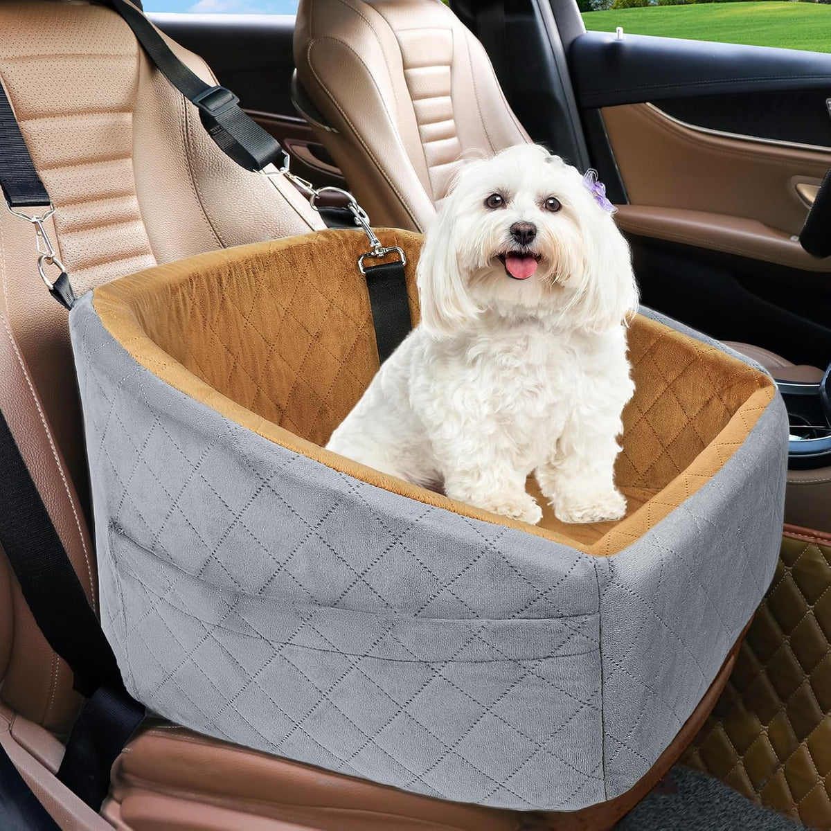 Dog Car Seat Elevated Booster With Safety Belt & Storage Pockets