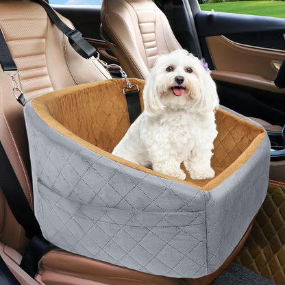 Dog Car Seat Elevated Booster With Safety Belt & Storage Pockets