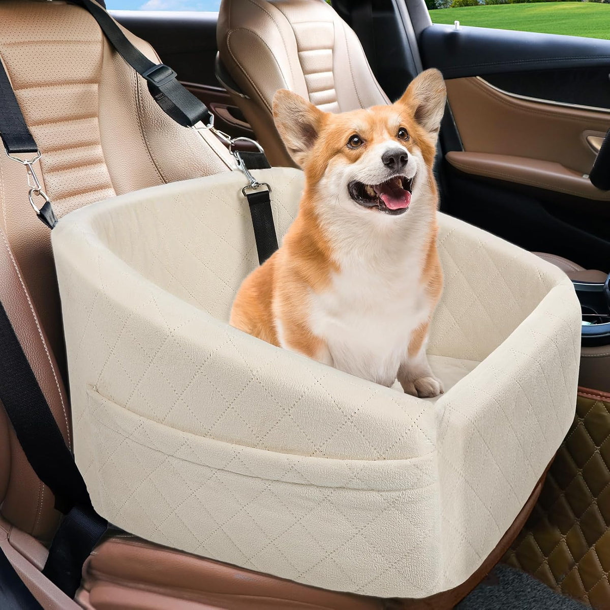 Dog Car Seat Elevated Booster With Safety Belt & Storage Pockets