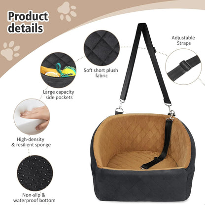 Dog Car Seat Elevated Booster With Safety Belt & Storage Pockets