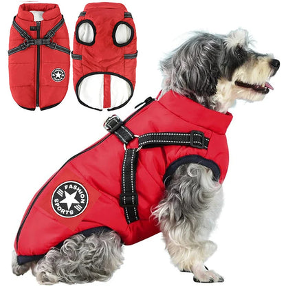 Dog Winter Coat Waterproof Windproof Built-In Harness Fleece-Lined