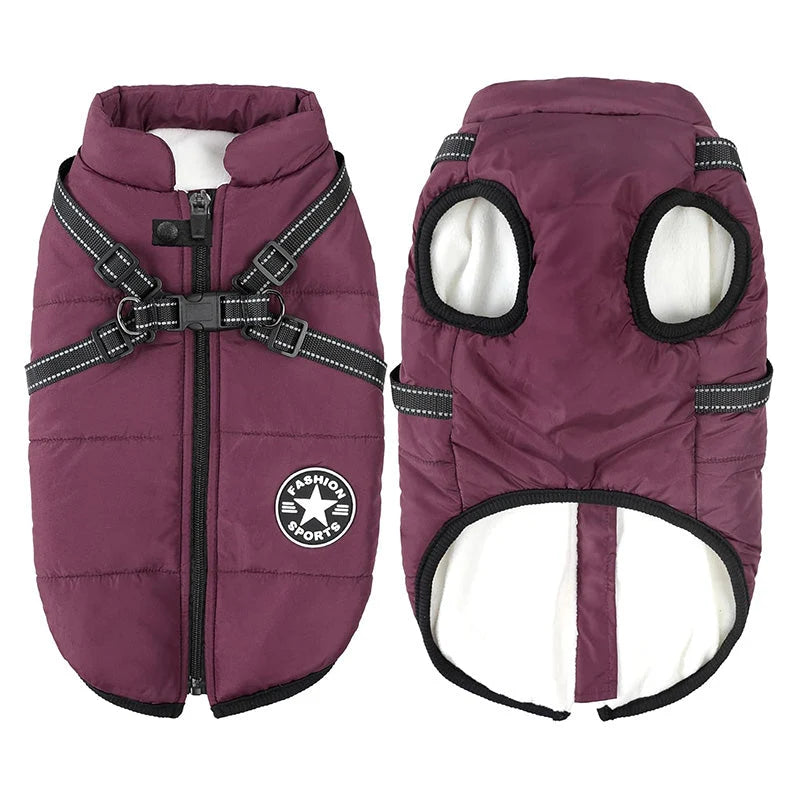 Dog Winter Coat Waterproof Windproof Built-In Harness Fleece-Lined