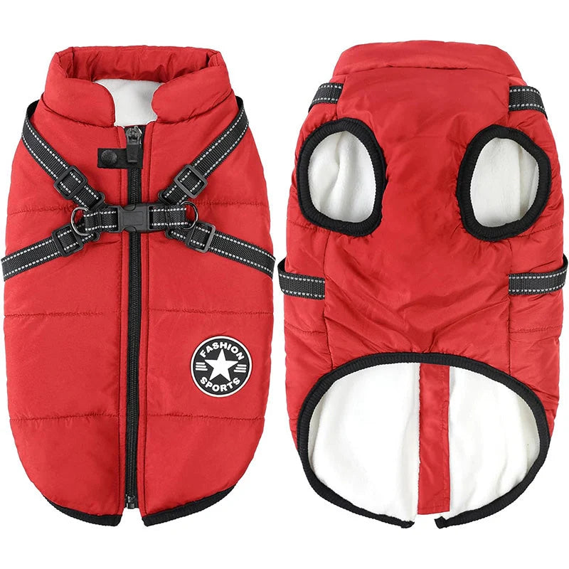 Dog Winter Coat Waterproof Windproof Built-In Harness Fleece-Lined