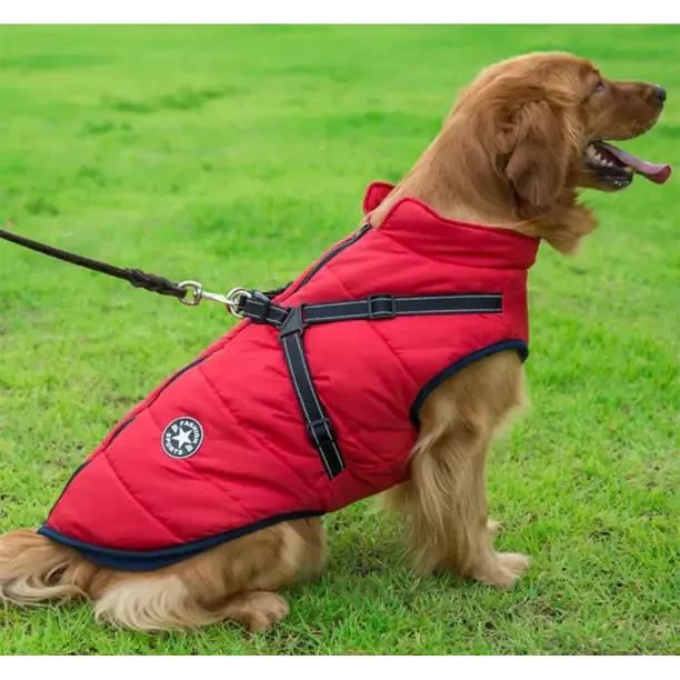 Dog Winter Coat Waterproof Windproof Built-In Harness Fleece-Lined