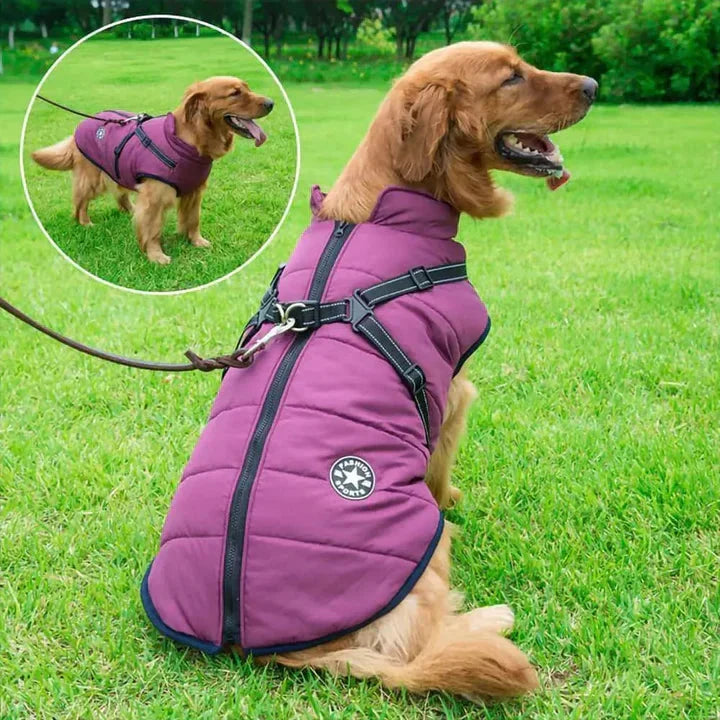 Dog Winter Coat Waterproof Windproof Built-In Harness Fleece-Lined