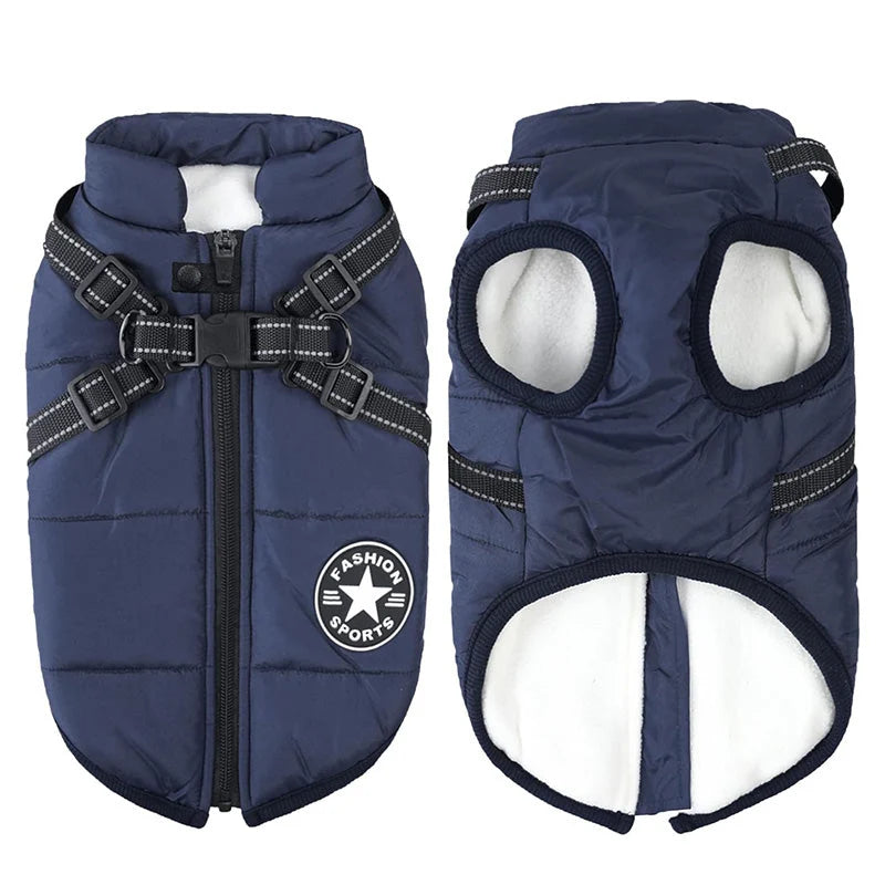 Dog Winter Coat Waterproof Windproof Built-In Harness Fleece-Lined