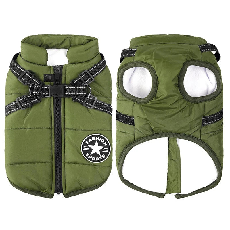 Dog Winter Coat Waterproof Windproof Built-In Harness Fleece-Lined