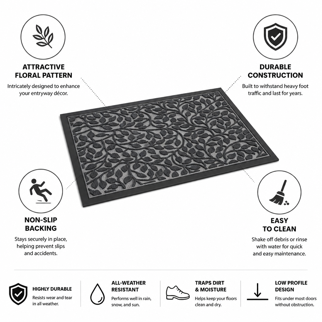 Door Mat Floral Design Non-Slip Backing & Easy Clean