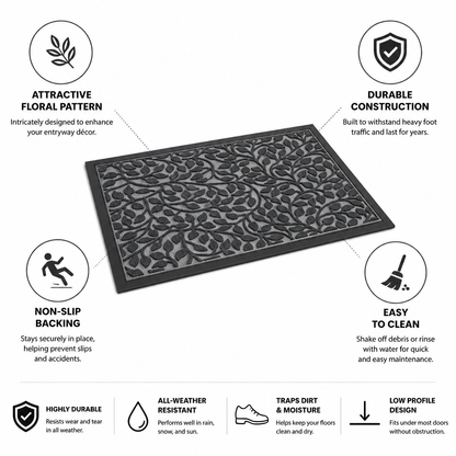 Door Mat Floral Design Non-Slip Backing & Easy Clean