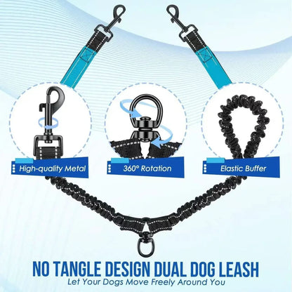 Double Dog Leash 360° Swivel Shock-Absorbing Design