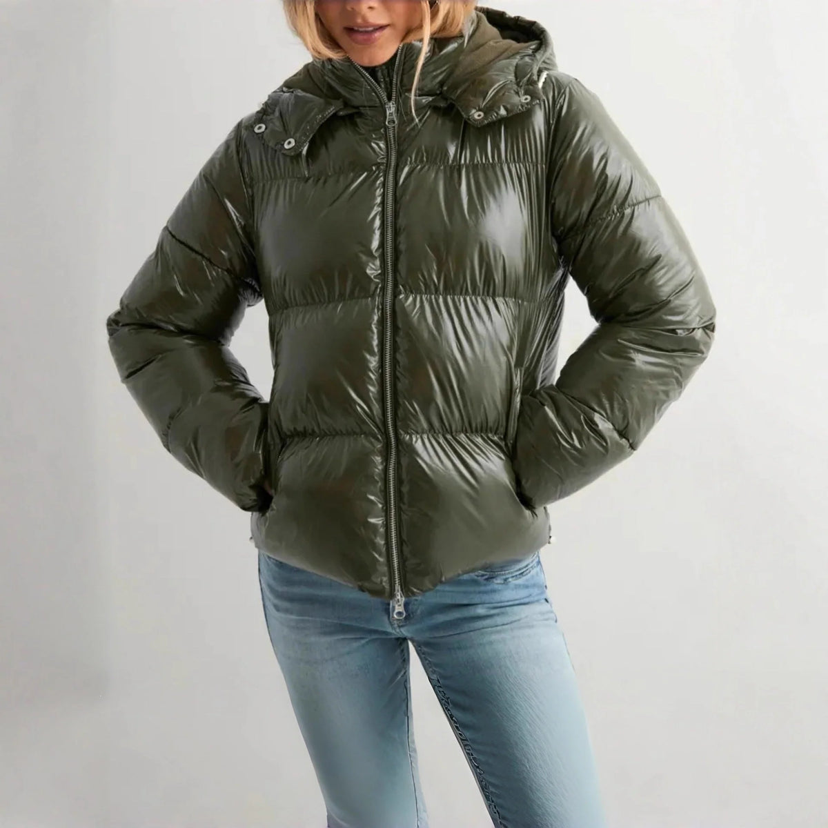 Down Jacket Lightweight Shiny Finish Adjustable Hood