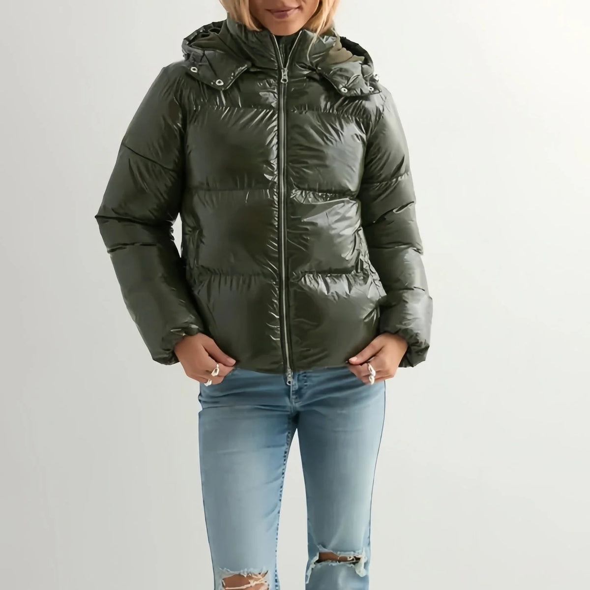 Down Jacket Lightweight Shiny Finish Adjustable Hood