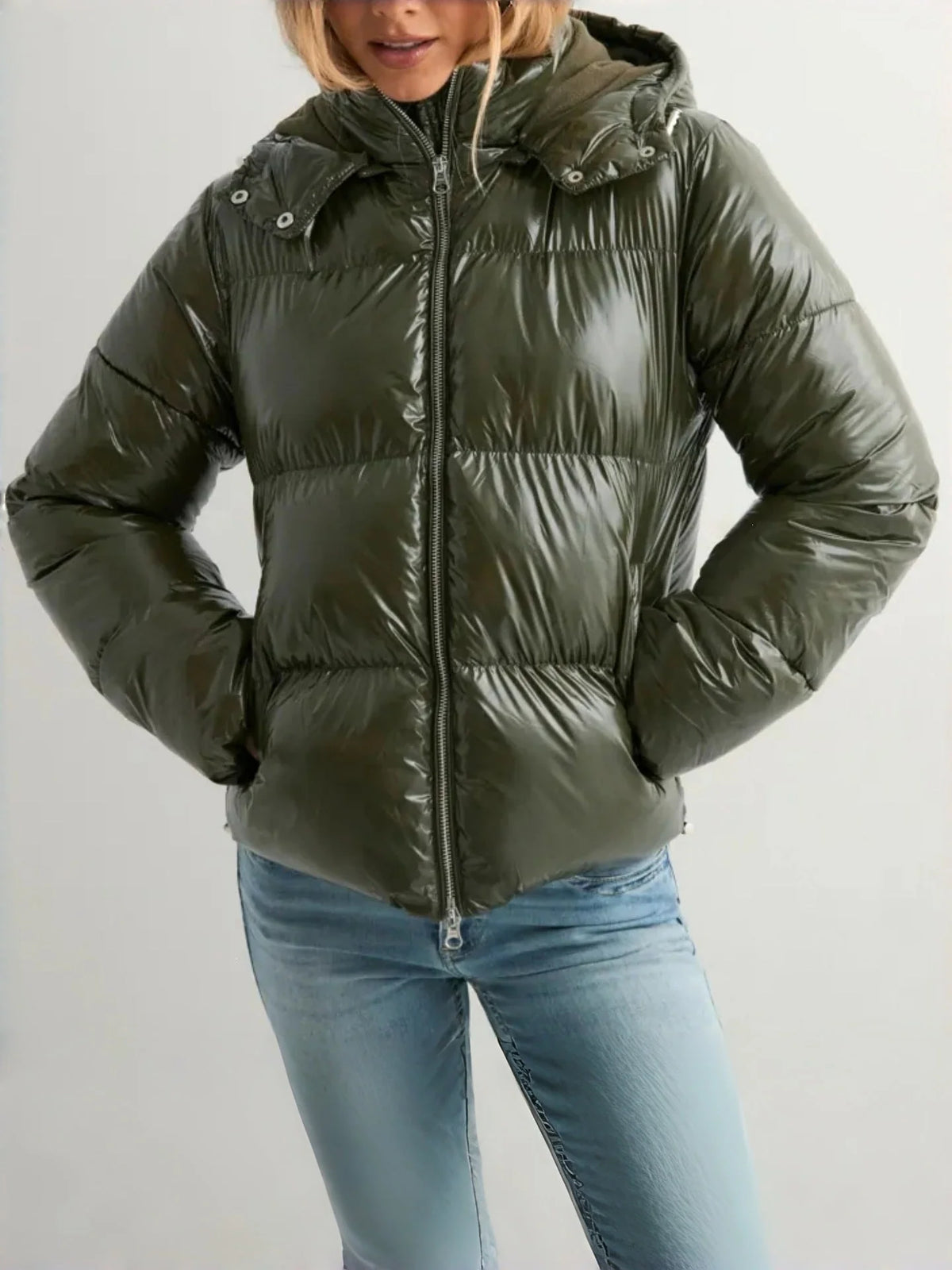Down Jacket Lightweight Shiny Finish Adjustable Hood
