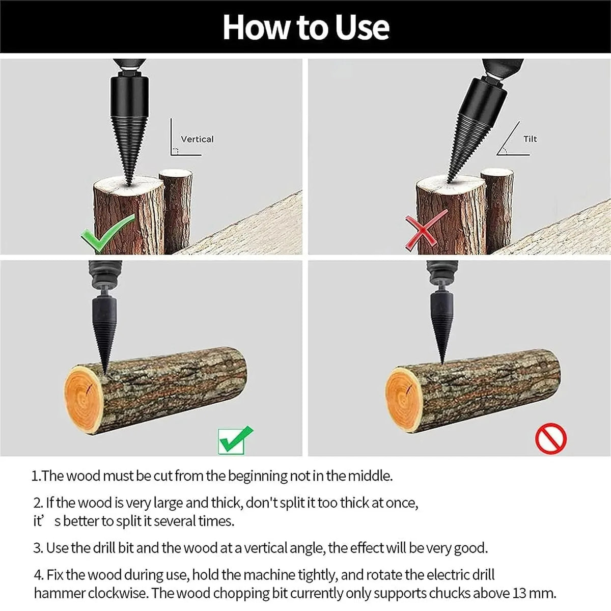 Drill-Powered Log Splitter Bit High-Carbon Steel With Four Adapters