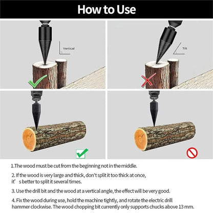 Drill-Powered Log Splitter Bit High-Carbon Steel With Four Adapters