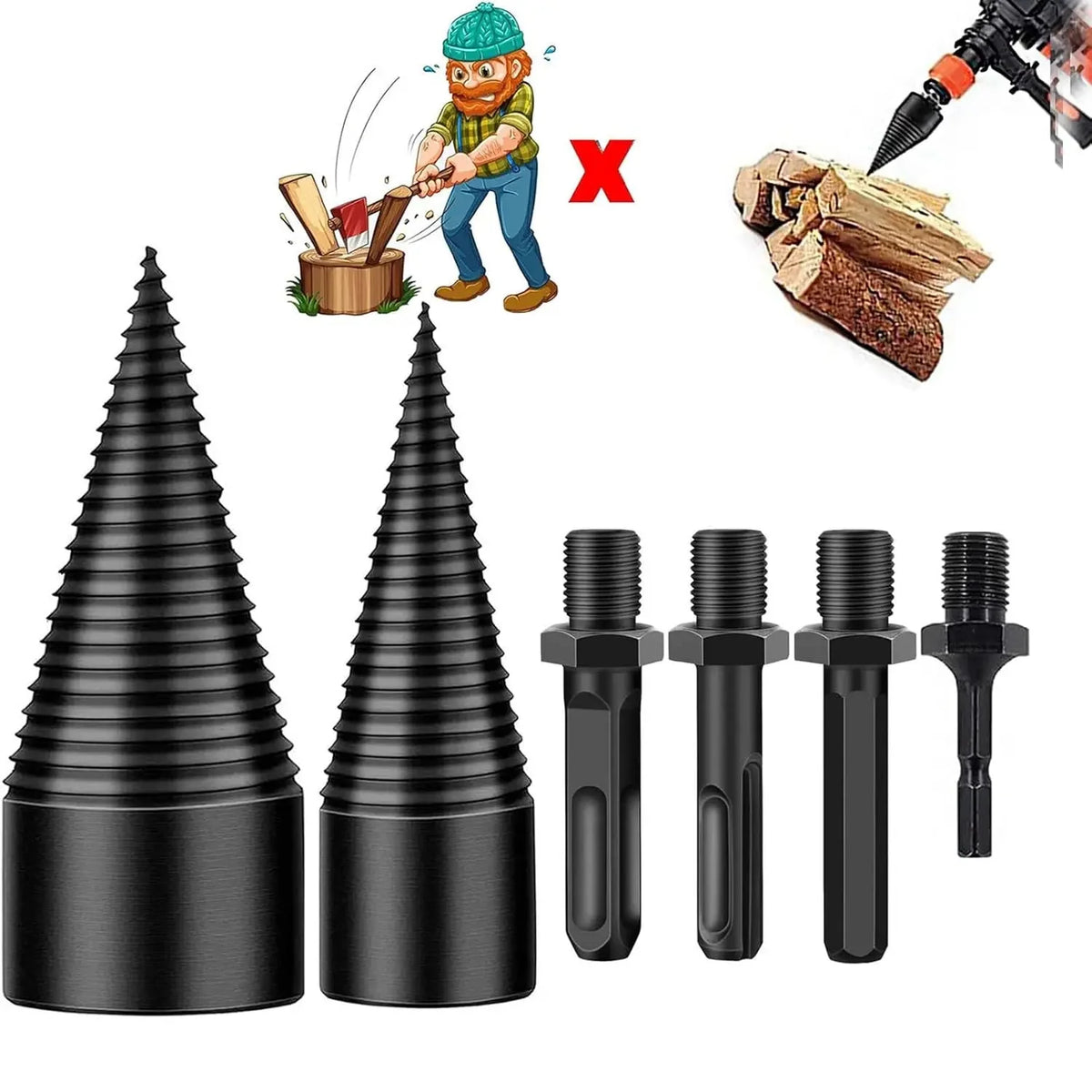 Drill-Powered Log Splitter Bit High-Carbon Steel With Four Adapters