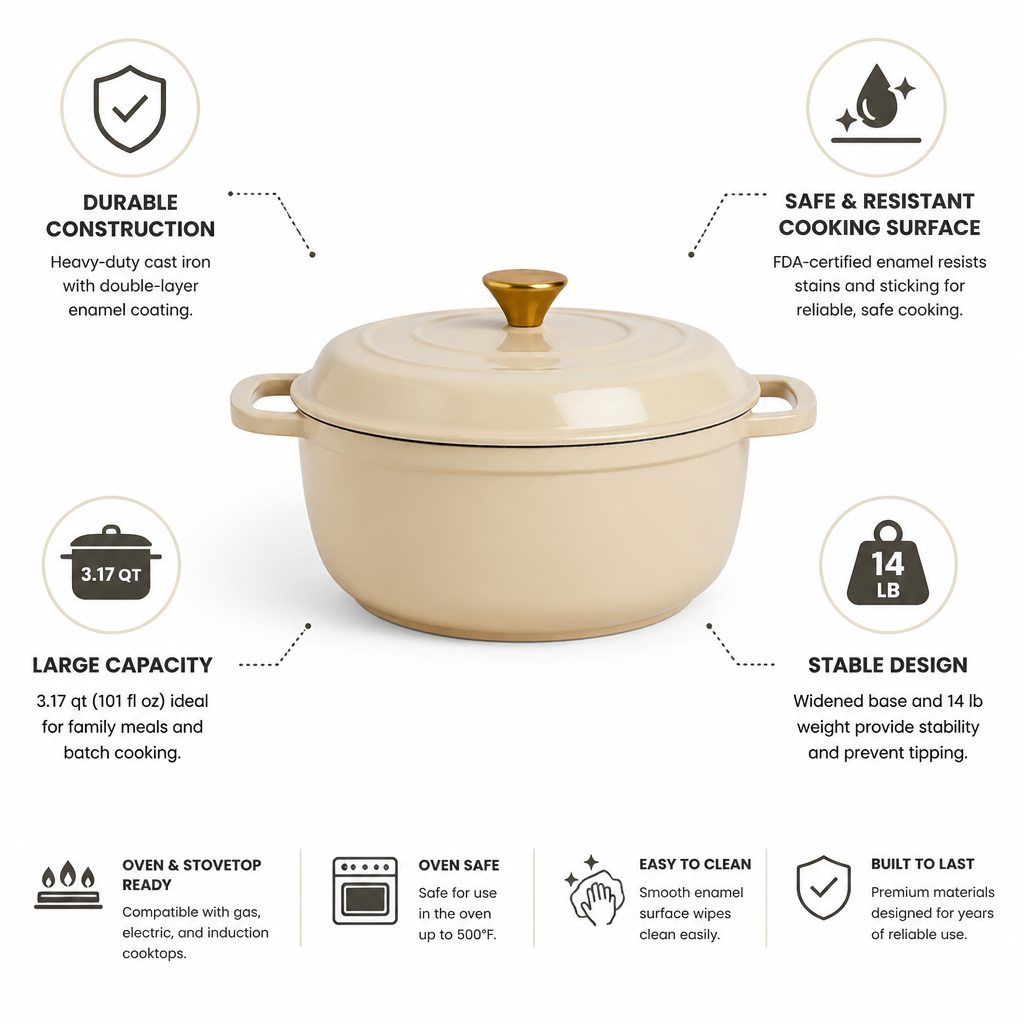 Dutch Oven Enamel-Coated Cast Iron 3.17 Quart