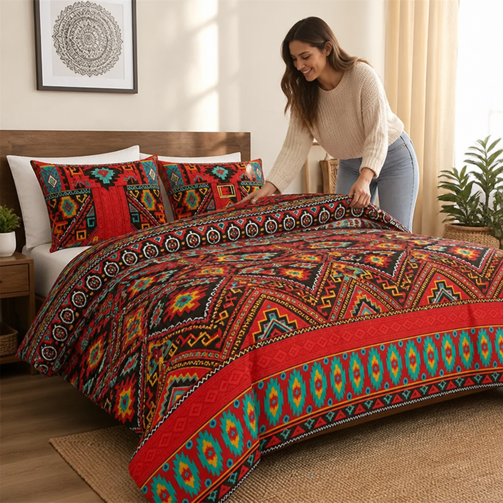 Duvet Cover Set Boho Geometric Print Soft Polyester