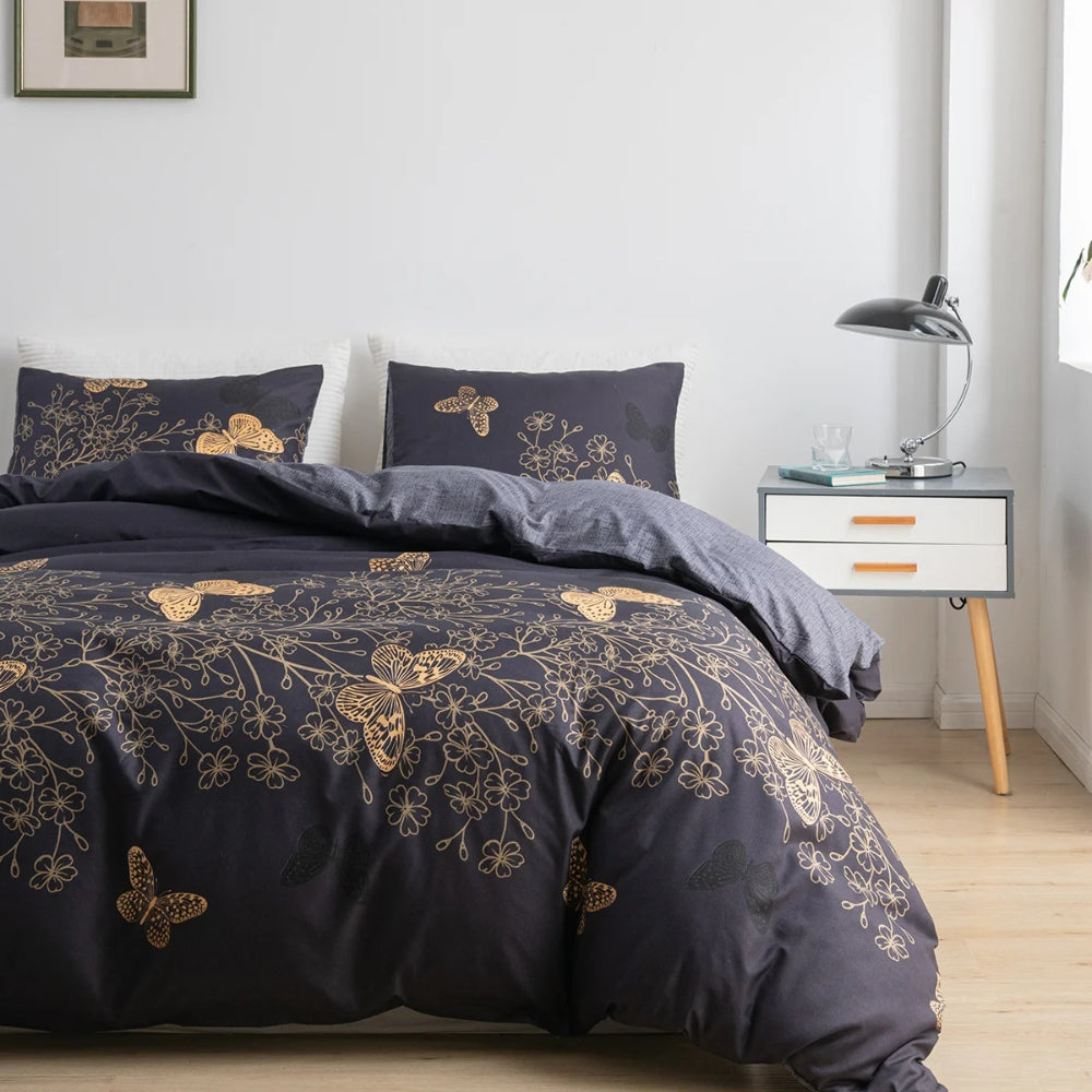 Duvet Cover Set Golden Butterfly Print Cotton-Microfiber