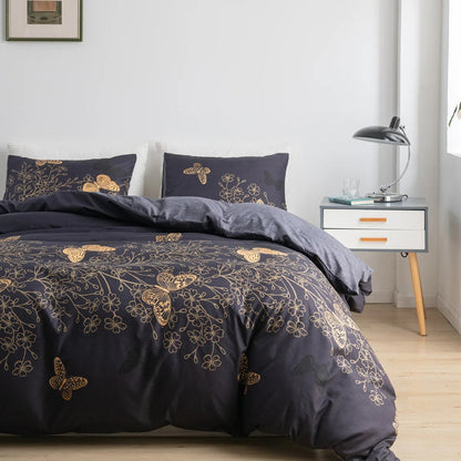 Duvet Cover Set Golden Butterfly Print Cotton-Microfiber