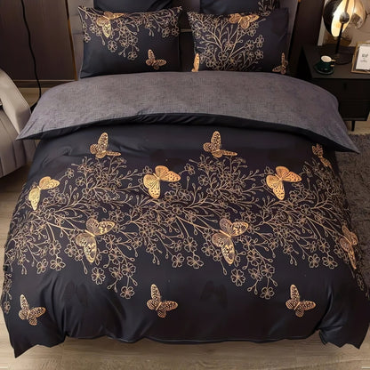 Duvet Cover Set Golden Butterfly Print Cotton-Microfiber