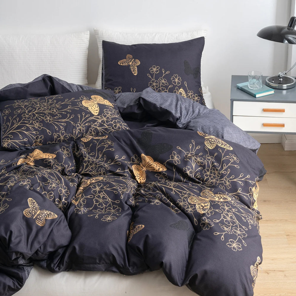 Duvet Cover Set Golden Butterfly Print Cotton-Microfiber