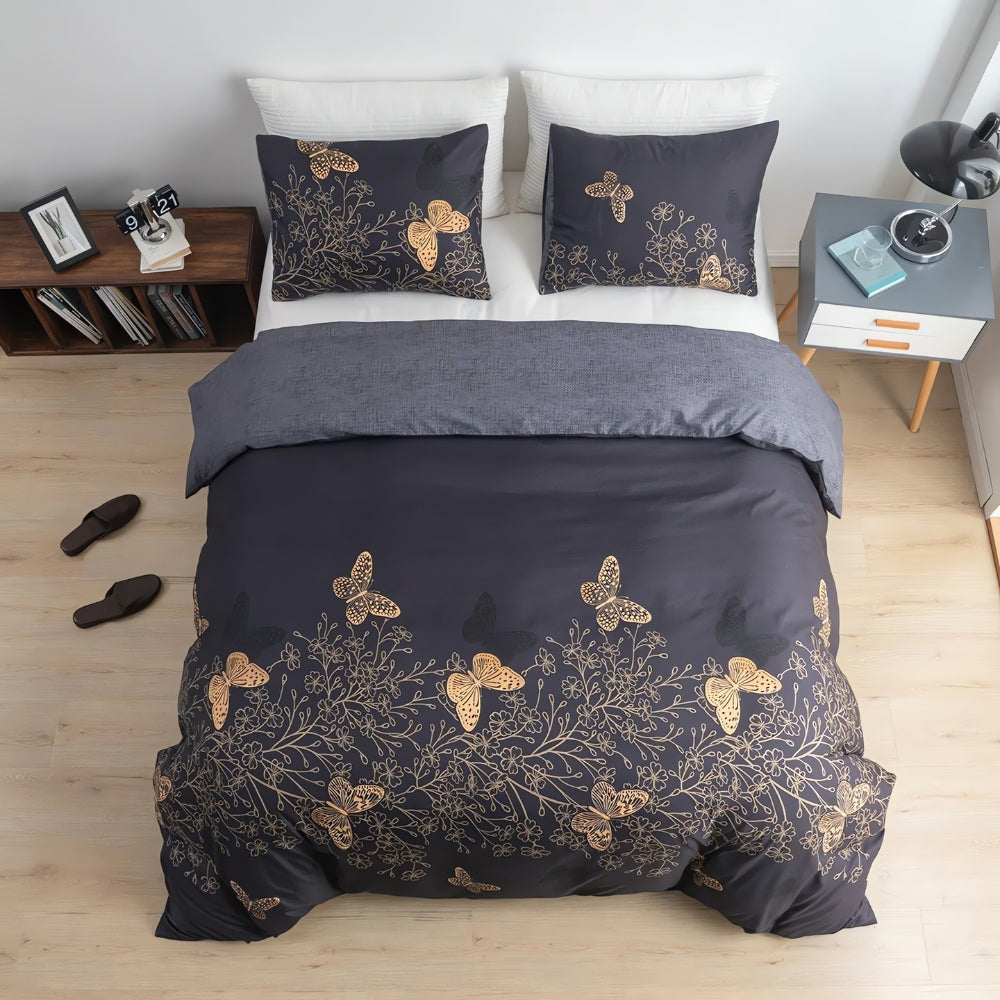 Duvet Cover Set Golden Butterfly Print Cotton-Microfiber
