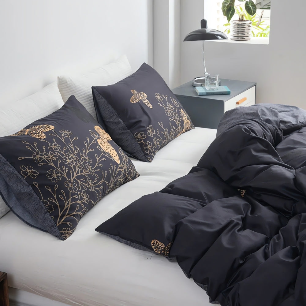 Duvet Cover Set Golden Butterfly Print Cotton-Microfiber
