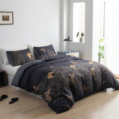 Duvet Cover Set Golden Butterfly Print Cotton-Microfiber