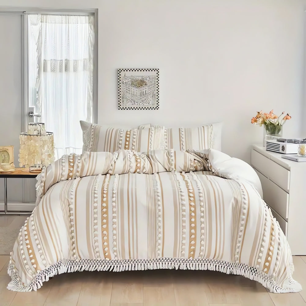 Duvet Cover Set Microfiber Tufted Stripe & Tassels